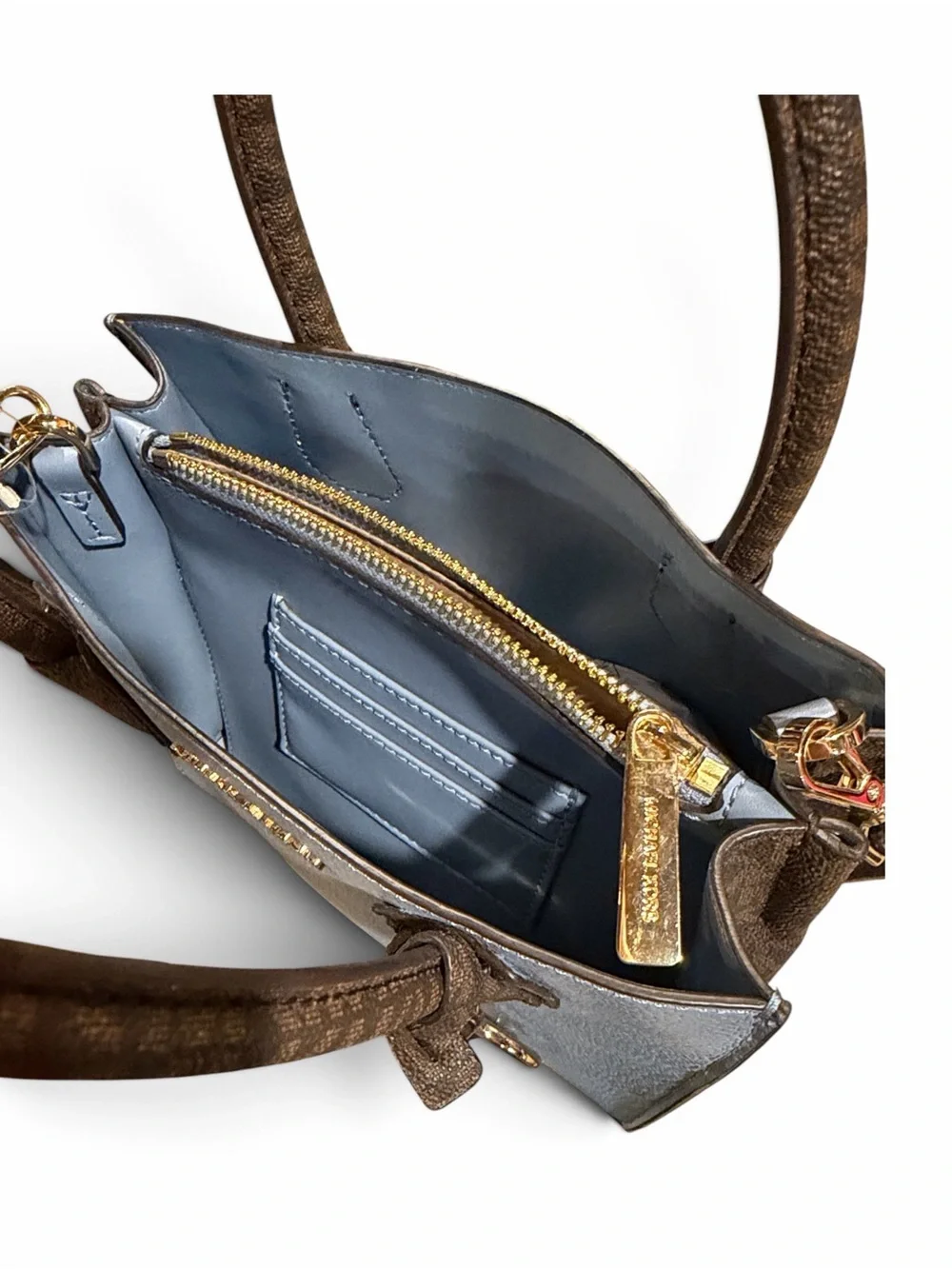 💙 Michael Kors Mercer X-Small Messenger Satchel Chambray Blue & Brown Signature